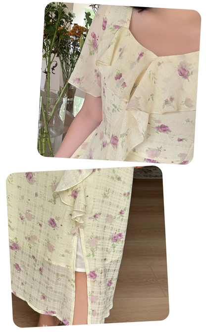 大きいサイズ レディース フレンチフリル花柄プリントワンピース LL 3L 4L 5L