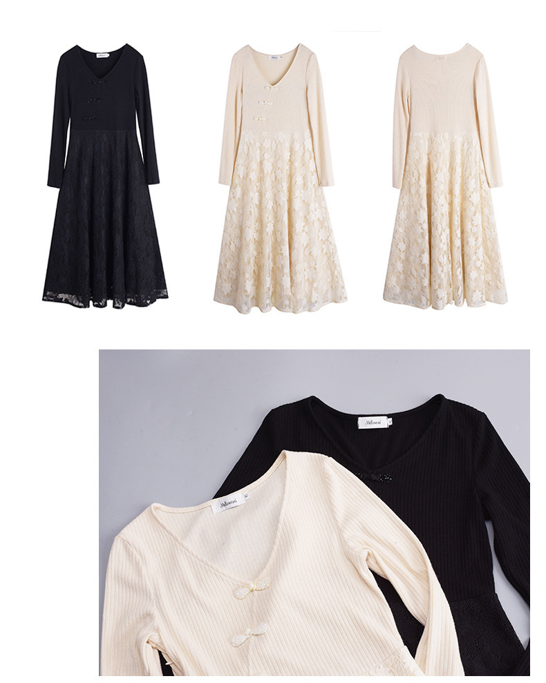 大きいサイズ レディース レース切替えVネックニットワンピース LL 3L 4L 5L