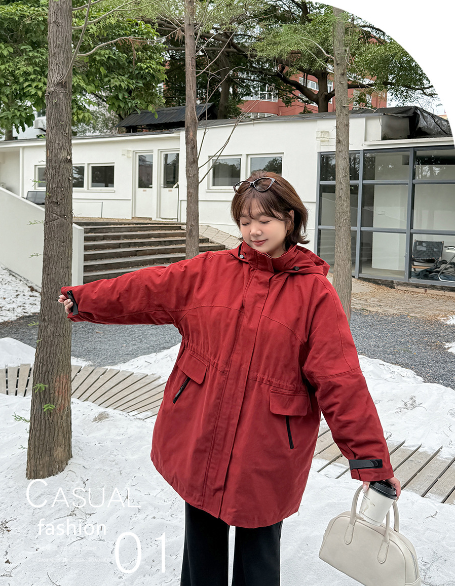 大きいサイズ レディース フード付きウエスト絞りキルティング中綿ジャケット 3L 4L 5L