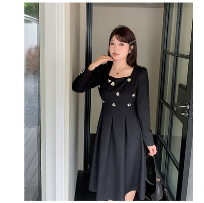 大きいサイズ レディース スパンコスクエアネックールブラックワンピース LL 3L 4L 5L