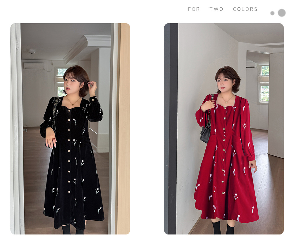 大きいサイズ レディース フレンチスクエアネックチューリップ刺繍ベルベットワンピース LL 3L 4L 5L