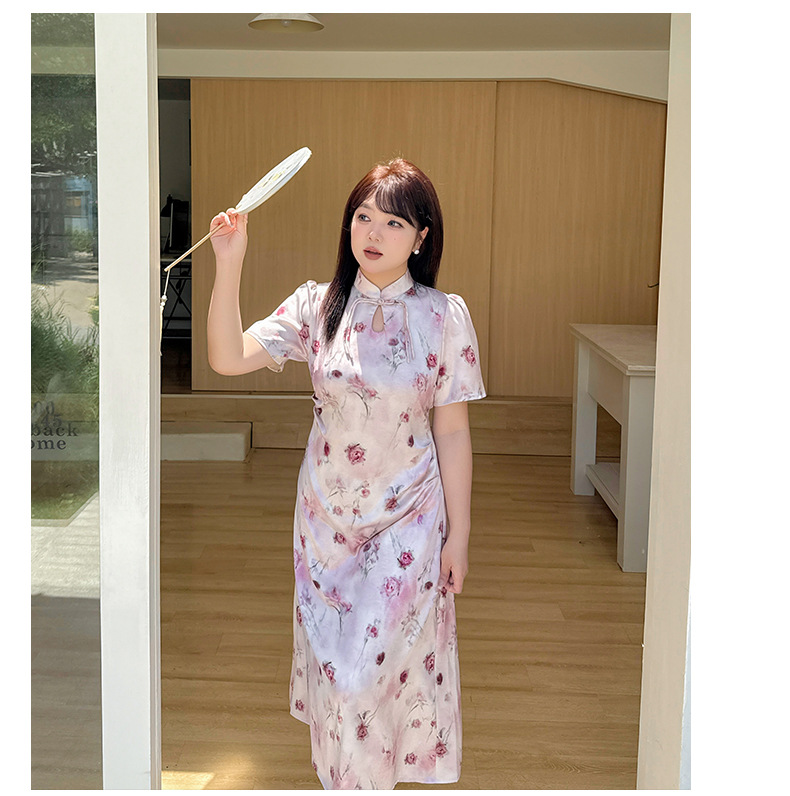 大きいサイズ レディース チャイナ風レトロ花柄プリントワンピース LL 3L 4L 5L