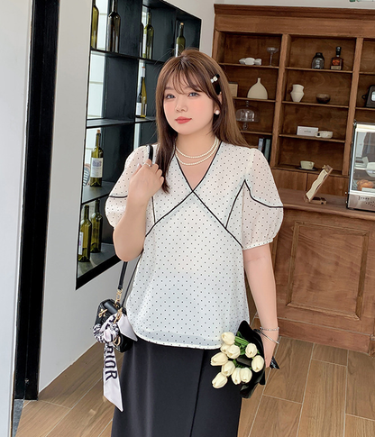 大きいサイズ レディース フレンチVネック水玉模様シースルートップス LL 3L 4L 5L