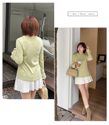 大きいサイズ レディース フリルネックスリムフィット長袖トップス LL 3L 4L 5L