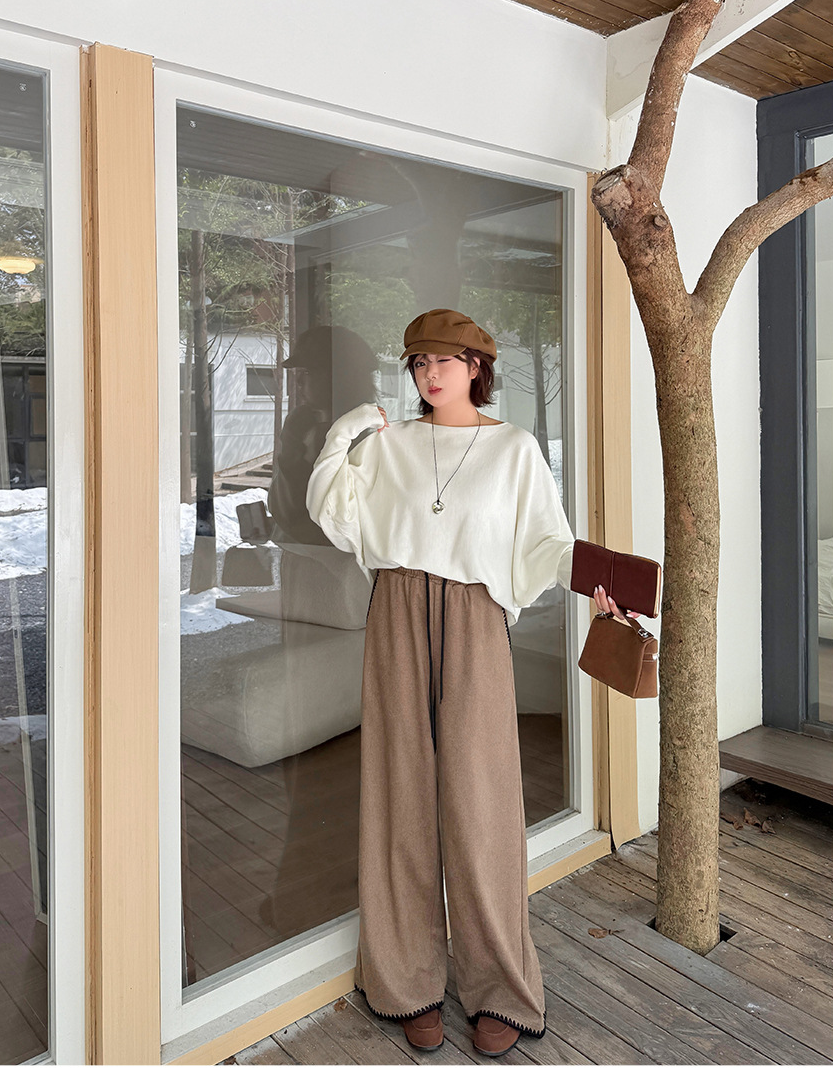 大きいサイズ レディース コントラストステッチウール風ワイドレッグパンツ LL 3L 4L 5L