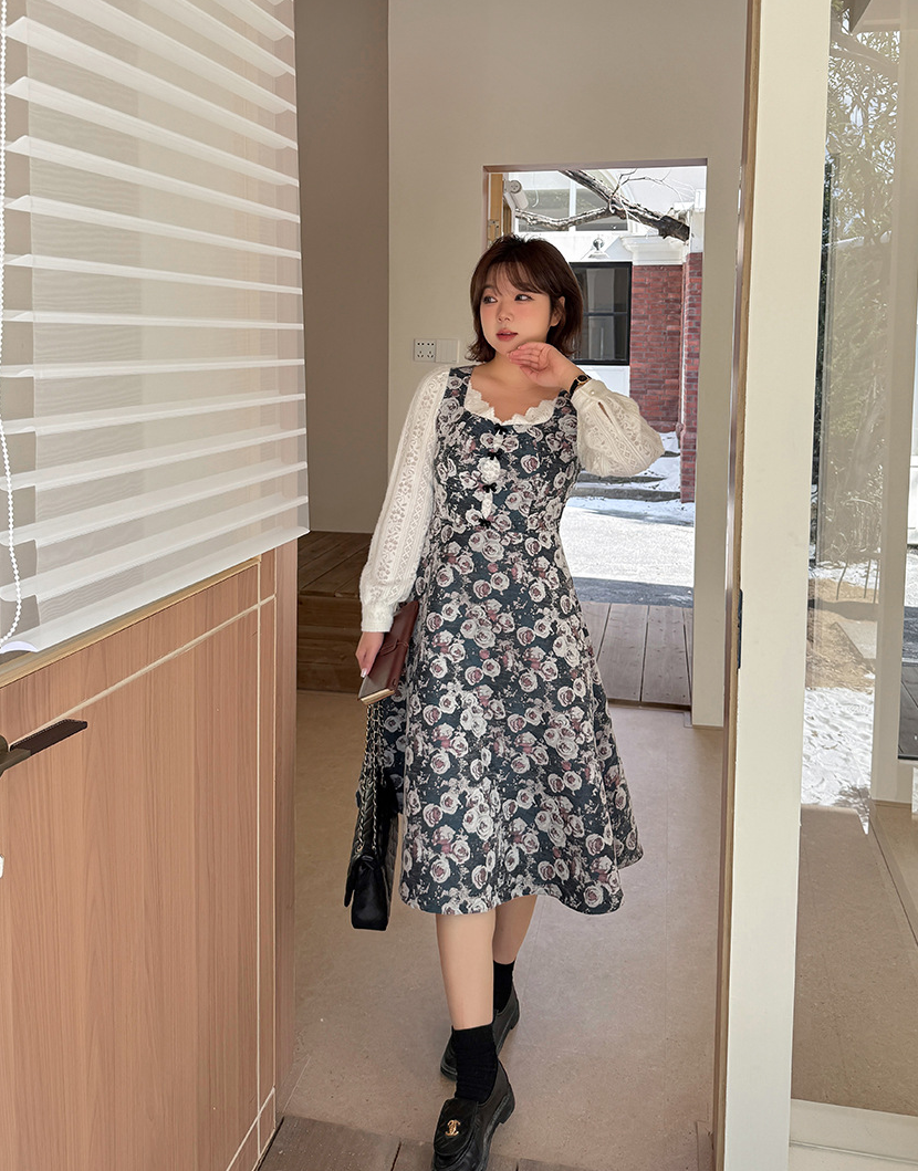 大きいサイズ レディース フレンチレースジャカードパッチワーク花柄ワンピース LL 3L 4L 5L