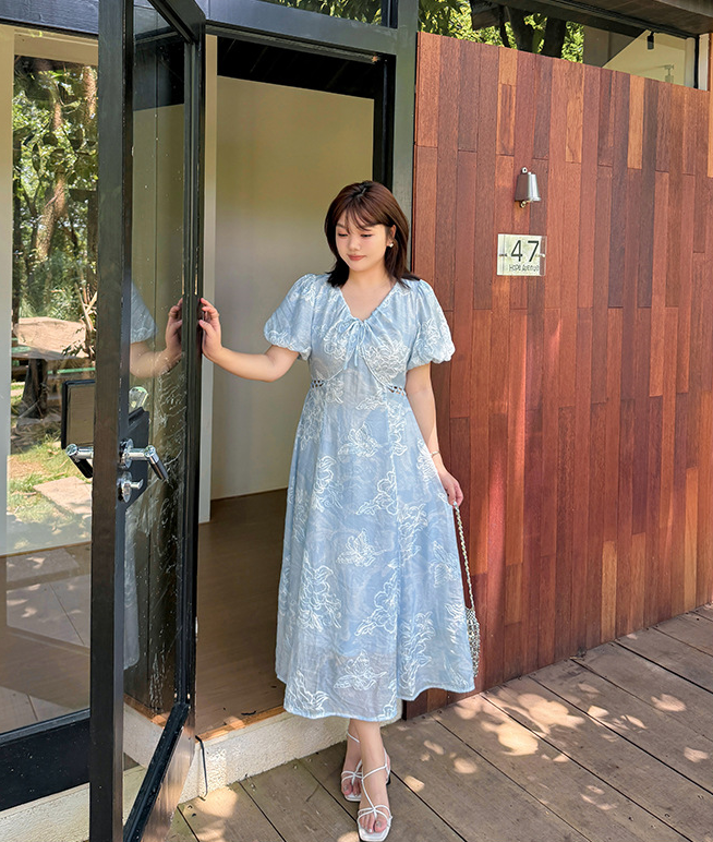 大きいサイズ レディース リボン透かし彫りバタフライ刺繍プリントワンピース LL 3L 4L 5L