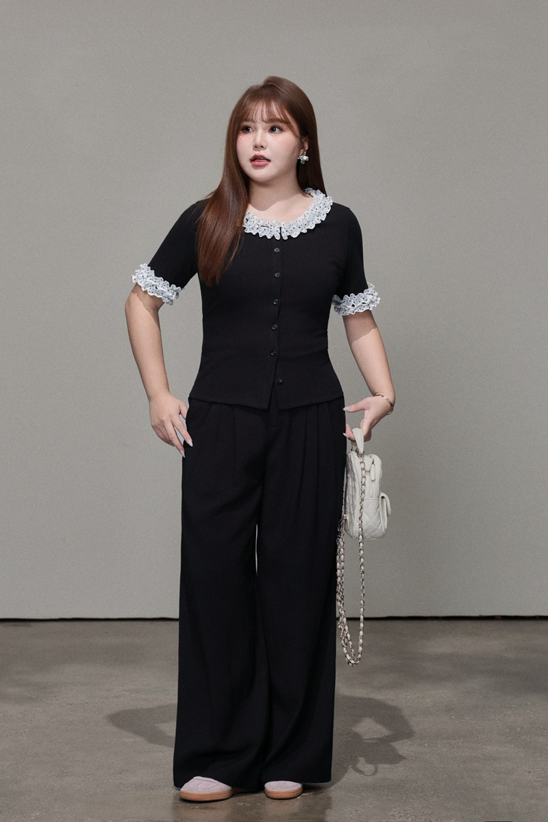 大きいサイズ レディース ドット柄レーストリム半袖トップス LL 3L 4L 5L