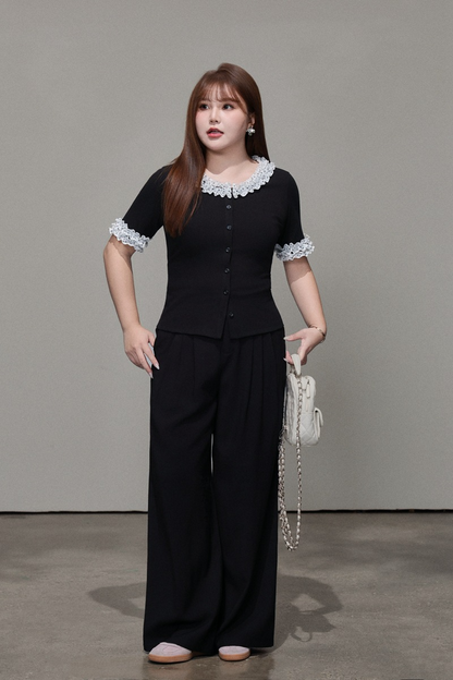 大きいサイズ レディース ドット柄レーストリム半袖トップス LL 3L 4L 5L