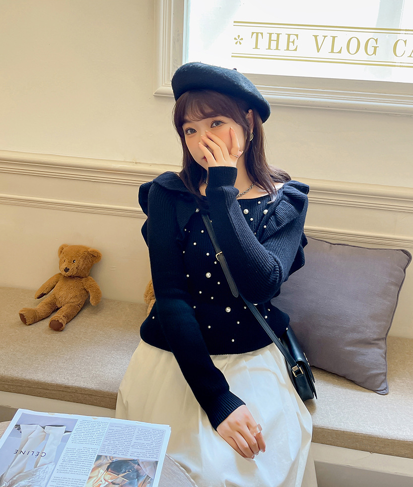 大きいサイズ レディース ビーズフリルオフショルダーニットセーター LL 3L 4L 5L