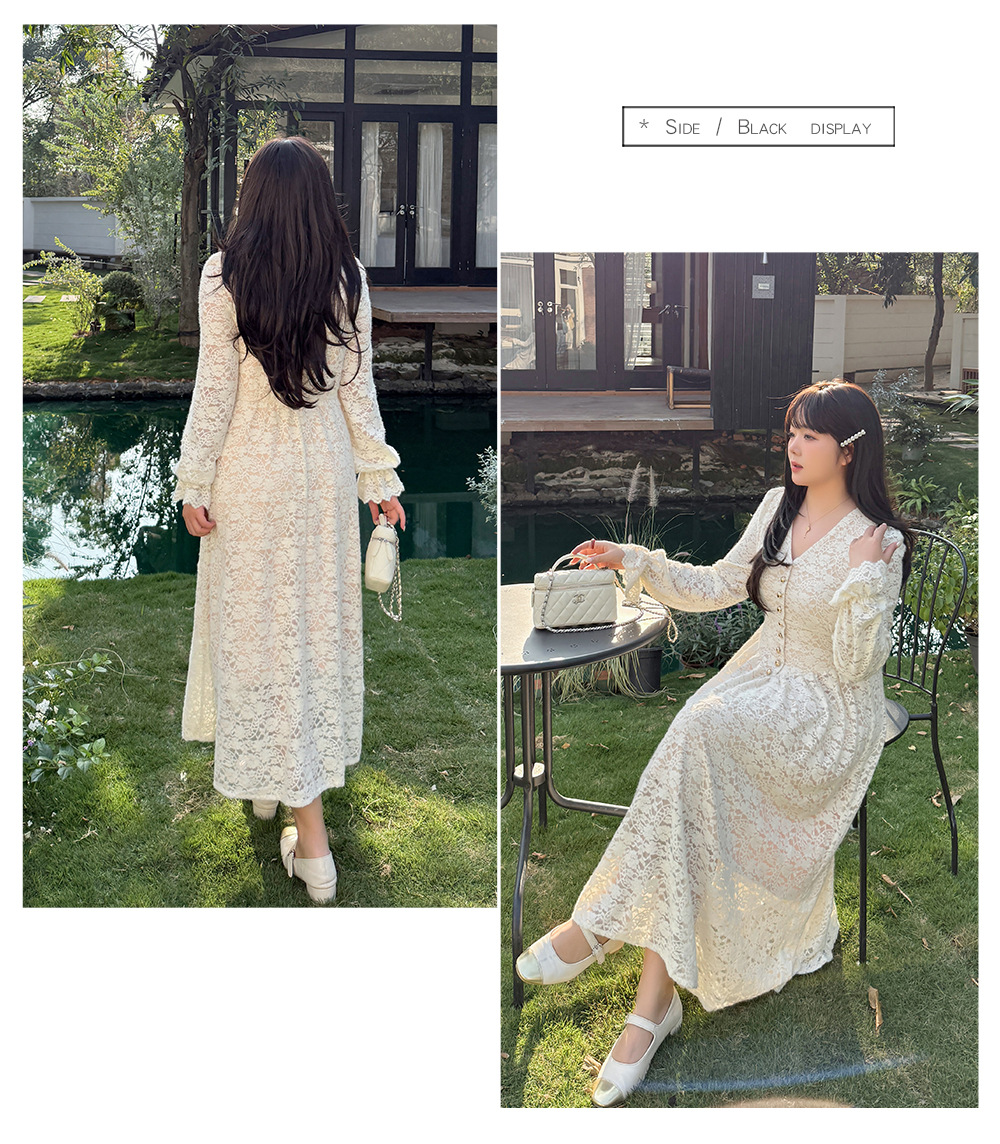 大きいサイズ レディース Vネックビーズボタン花柄レースワンピース LL 3L 4L 5L