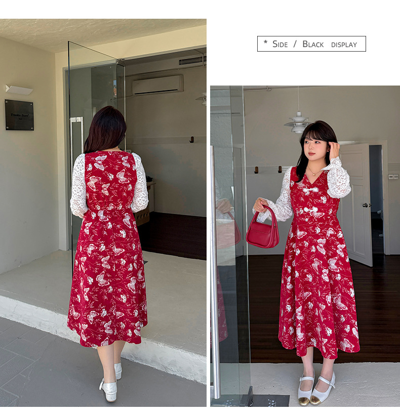 大きいサイズ レディース フェイクツーピースバタフライ刺繍レースワンピース LL 3L 4L 5L