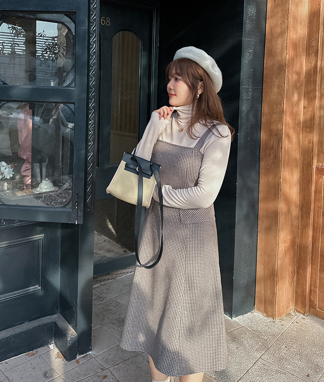 大きいサイズ レディース ハイネックインナーシャツ+サスペンダーワンピース2点セット LL 3L 4L 5L 6L