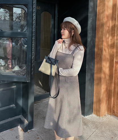 大きいサイズ レディース ハイネックインナーシャツ+サスペンダーワンピース2点セット LL 3L 4L 5L 6L