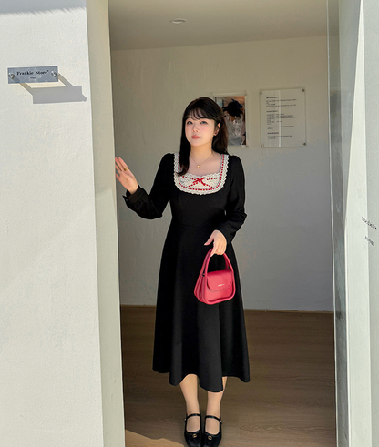 大きいサイズ レディース スクエアネックリボンレースワンピース LL 3L 4L 5L