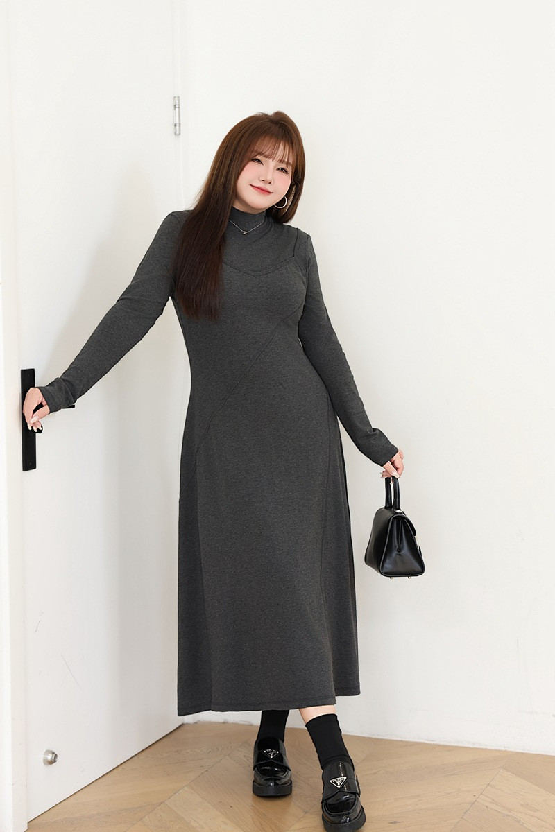 大きいサイズ レディース セミハイネックニットフェイクツーピースワンピース LL 3L 4L 5L