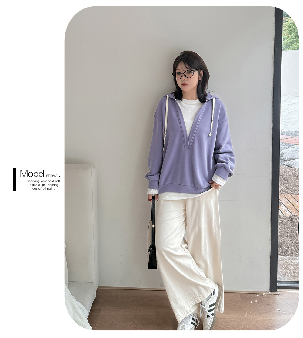 大きいサイズ レディース フード付き厚手フェイクツーピースカジュアルスウェットシャツ LL 3L 4L 5L