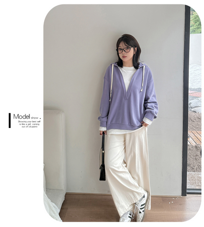 大きいサイズ レディース フード付き厚手フェイクツーピースカジュアルスウェットシャツ LL 3L 4L 5L