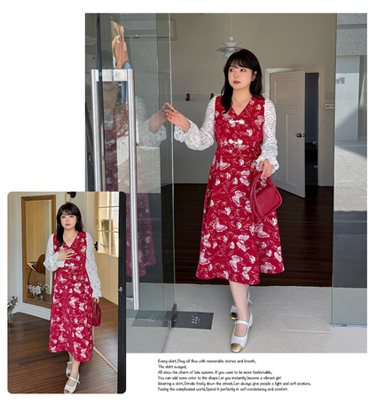 大きいサイズ レディース フェイクツーピースバタフライ刺繍レースワンピース LL 3L 4L 5L