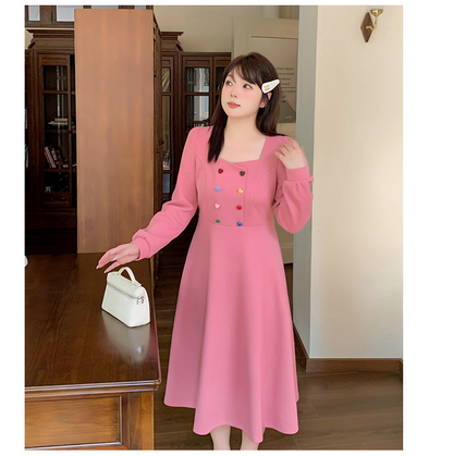 大きいサイズ レディース キャンディーカラーハートボタン付きスクエアネックフレンチワンピース LL 3L 4L 5L