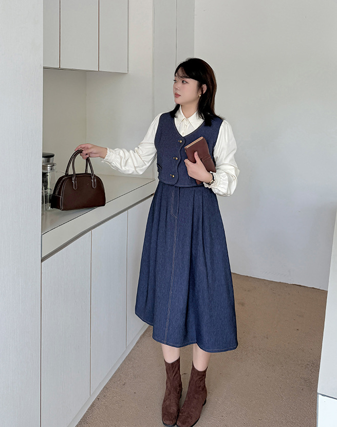 大きいサイズ レディース フェイクスリーピースデニムワンピース（シャツ+ベスト+スカート） LL 3L 4L 5L