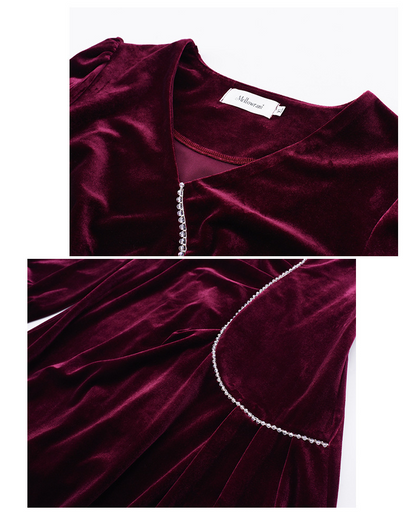 大きいサイズ レディース Vネックラインストーン装飾エレガントベルベットワンピース LL 3L 4L 5L