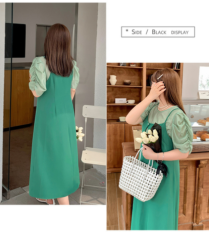 大きいサイズ レディース プリーツパフスリーブブラウス+サスペンダーワンピース LL 3L 4L 5L