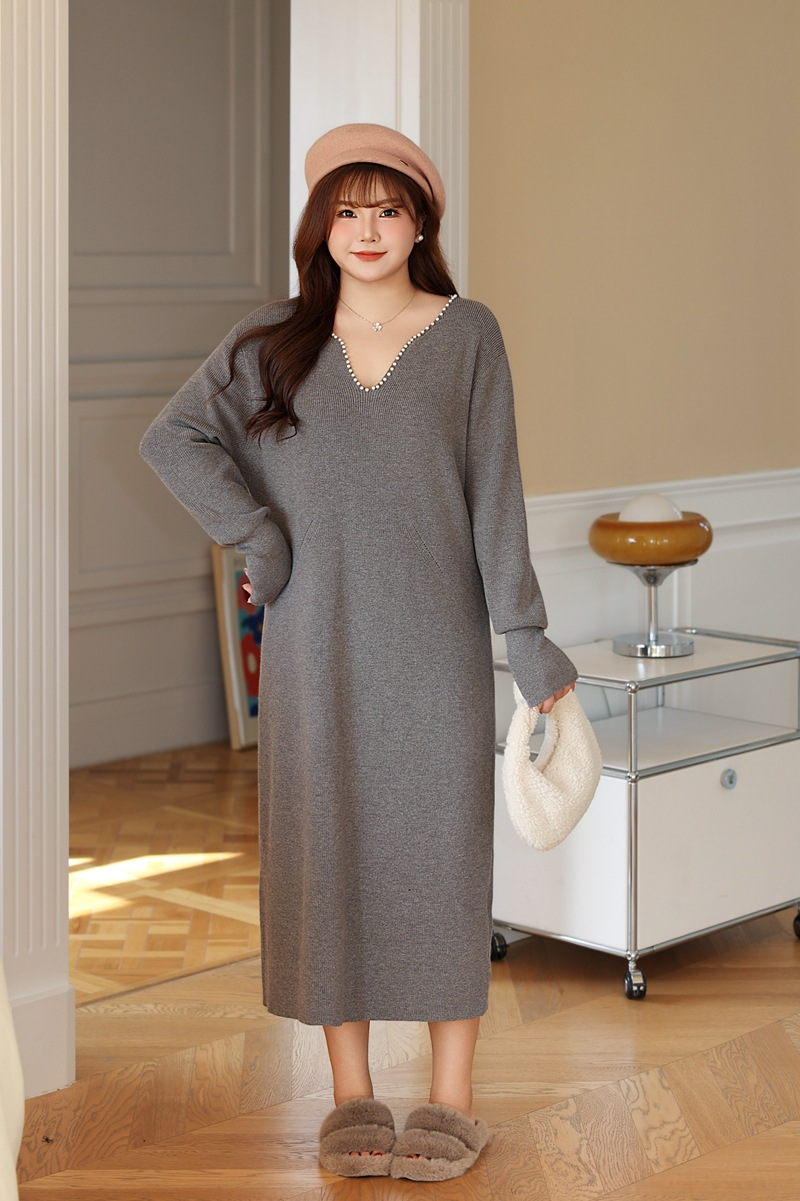 大きいサイズ レディース パールVネックスイートニットフレンチワンピース LL 3L 4L