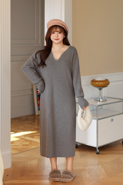 大きいサイズ レディース パールVネックスイートニットフレンチワンピース LL 3L 4L