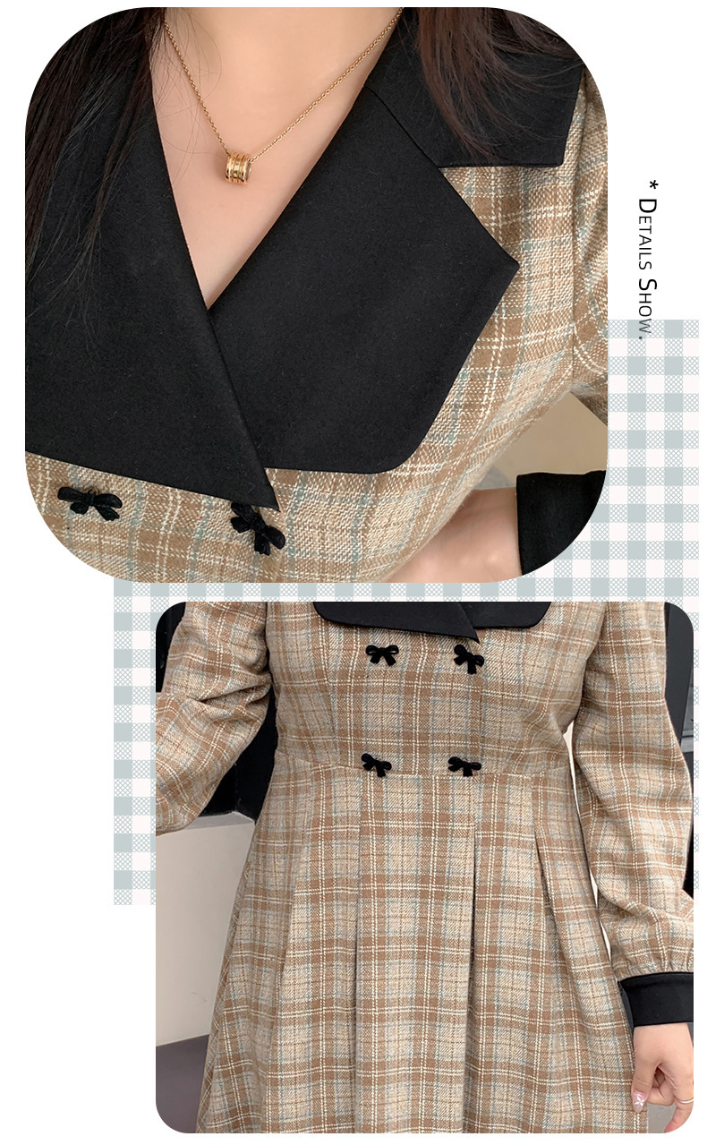 大きいサイズ レディース ブラックラペルフロックリボンチェック柄プリーツワンピース LL 3L 4L 5L