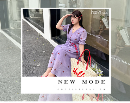大きいサイズ レディース Vネック刺繍入りリボン花柄ワンピース LL 3L 4L 5L