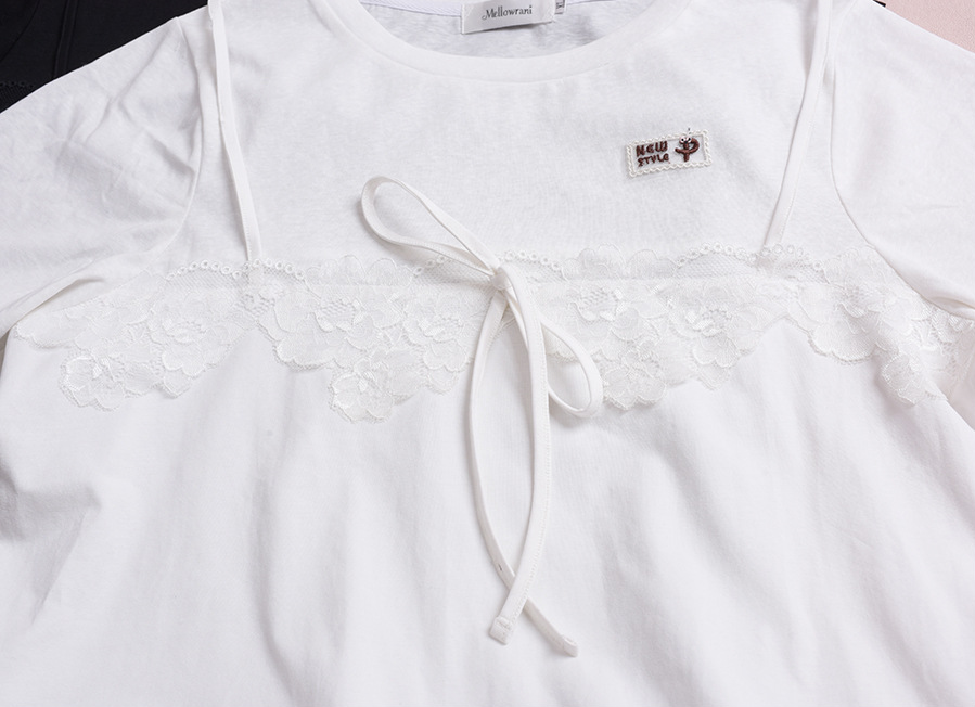 大きいサイズ レディース フェイクレイヤードレースリボンTシャツ LL 3L 4L 5L
