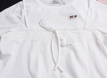 大きいサイズ レディース フェイクレイヤードレースリボンTシャツ LL 3L 4L 5L