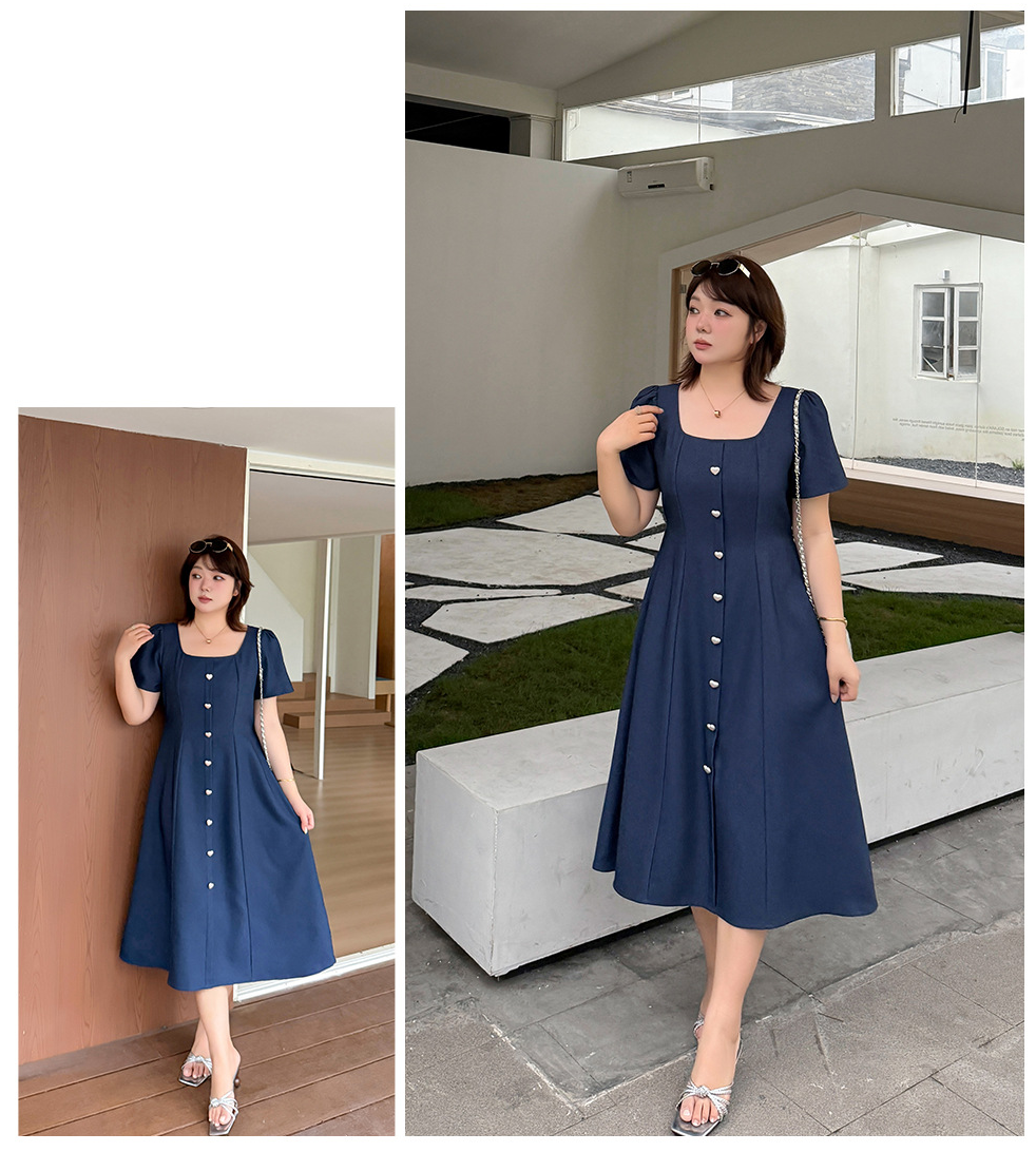 大きいサイズ レディース スクエアネックハートボタンワンピース LL 3L 4L 5L