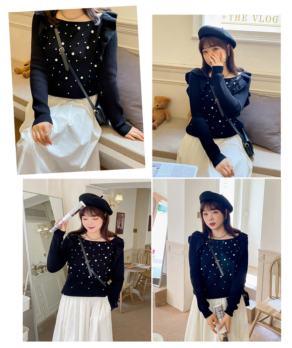 大きいサイズ レディース ビーズフリルオフショルダーニットセーター LL 3L 4L 5L