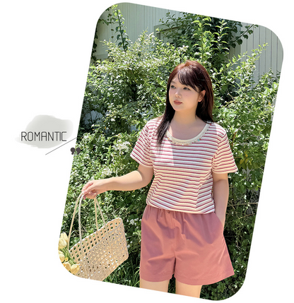 大きいサイズ レディース クルーネックストーン飾りストライプ半袖Tシャツ LL 3L 4L 5L