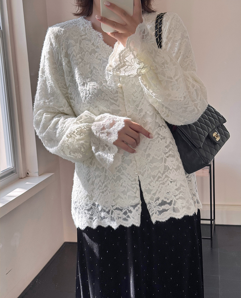 大きいサイズ レディース Vネックフリル刺繍レースエレガントブラウス LL 3L 4L 5L