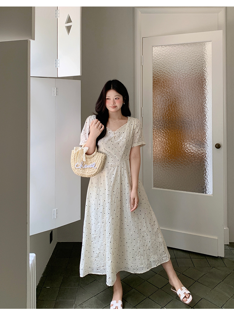 大きいサイズ レディース レースネックドット刺繍フレアワンピース LL 3L 4L 5L 6L