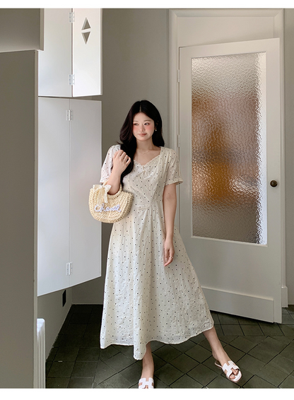 大きいサイズ レディース レースネックドット刺繍フレアワンピース LL 3L 4L 5L 6L