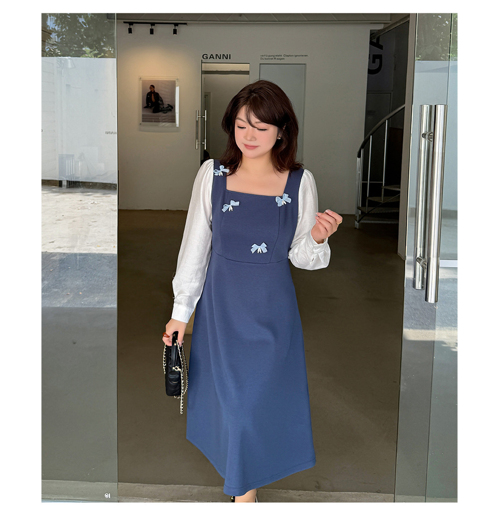 大きいサイズ レディース リボン付きスクエアネックドッキングワンピース LL 3L 4L 5L