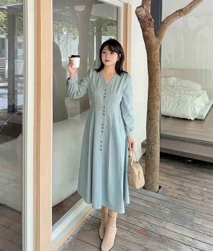 大きいサイズ レディース Vネックボタンダウンフレンチワンピース LL 3L 4L 5L