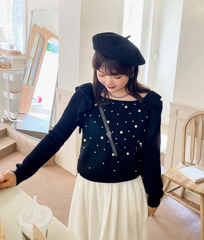 大きいサイズ レディース ビーズフリルオフショルダーニットセーター LL 3L 4L 5L