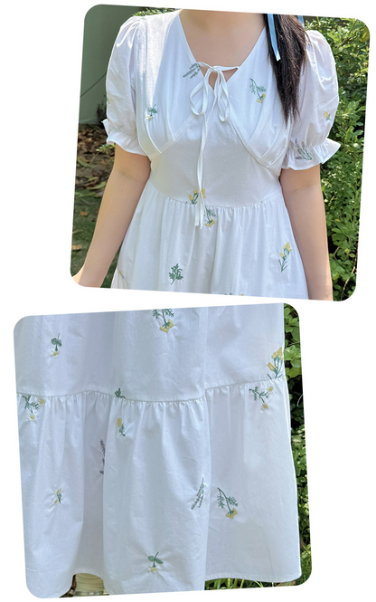 大きいサイズ レディース 草花刺繍入りリボンコットンティアードワンピース LL 3L 4L 5L