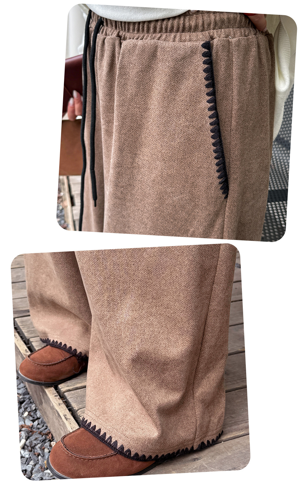 大きいサイズ レディース コントラストステッチウール風ワイドレッグパンツ LL 3L 4L 5L