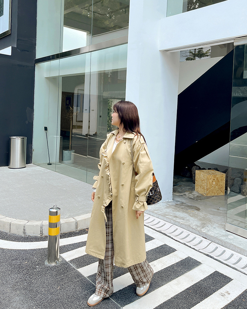 大きいサイズ レディース フリルラペルダブルブレストベルト付きロングトレンチコート LL 3L 4L 5L