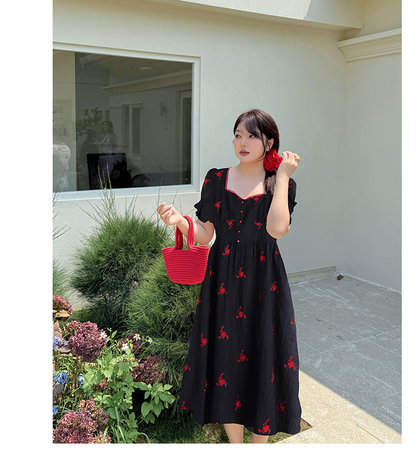大きいサイズ レディース スクエアネック花刺繍フレンチワンピース LL 3L 4L 5L