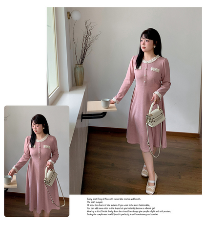 大きいサイズ レディース ラウンドネックレースニットワンピース LL 3L 4L 5L