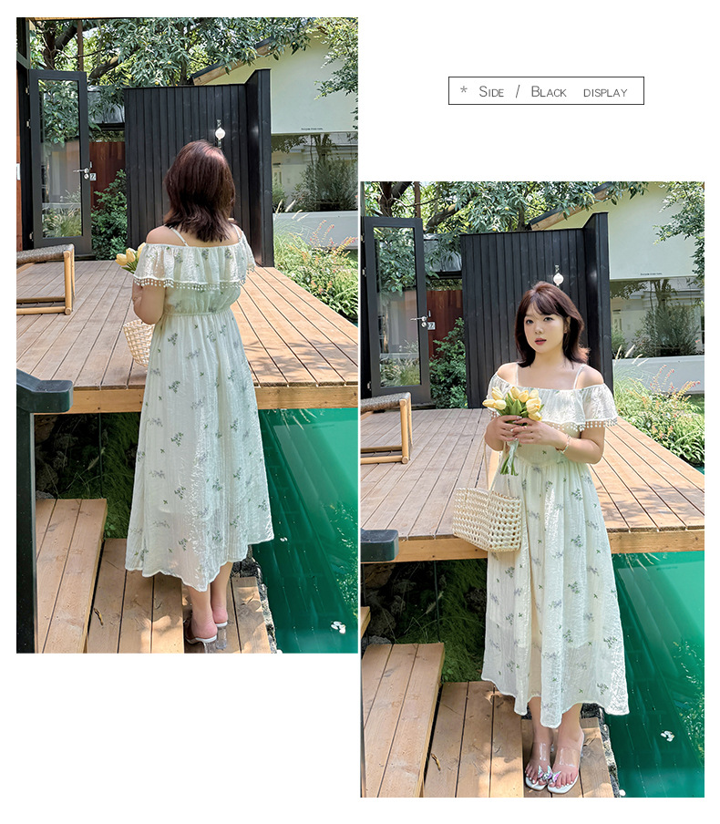 大きいサイズ レディース ビーズ刺繍オフショルダーサスペンダーワンピース LL 3L 4L 5L