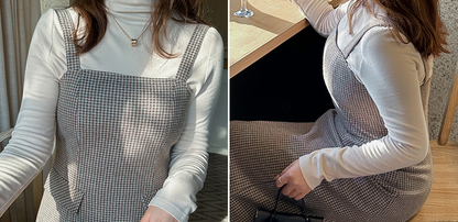 大きいサイズ レディース ハイネックインナーシャツ+サスペンダーワンピース2点セット LL 3L 4L 5L 6L