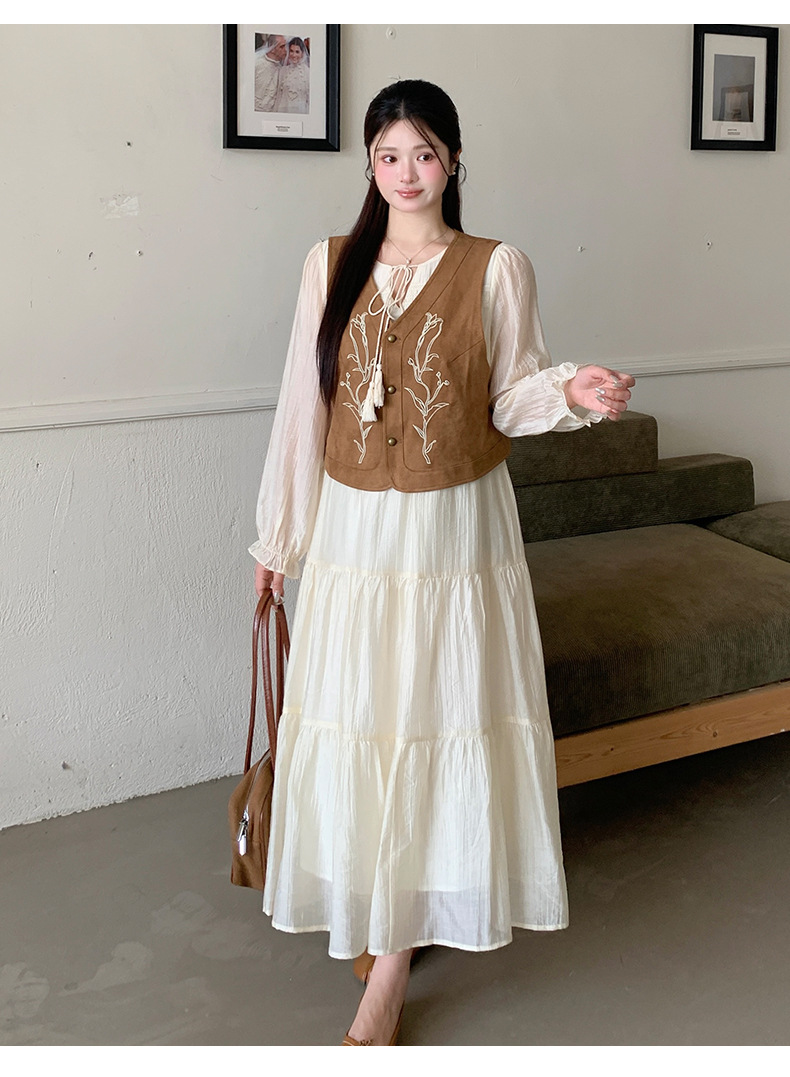 大きいサイズ レディース フラワー刺繍ベスト＆ティアードワンピース2点セット LL 3L 4L 5L 6L